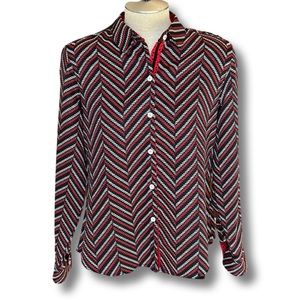 Foxcroft NYC sleeve button down shirt. chevron pattern in black, red, white